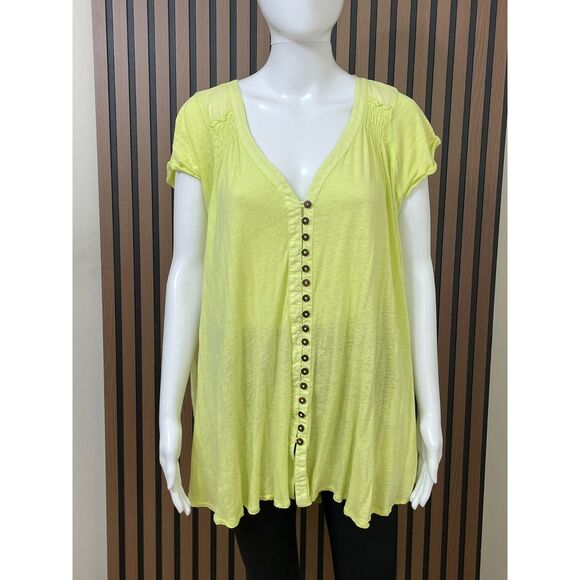 Free People Highland Women's M Yellow Blouse Top Linen Casual Smocked Ruffled - Picture 1 of 7